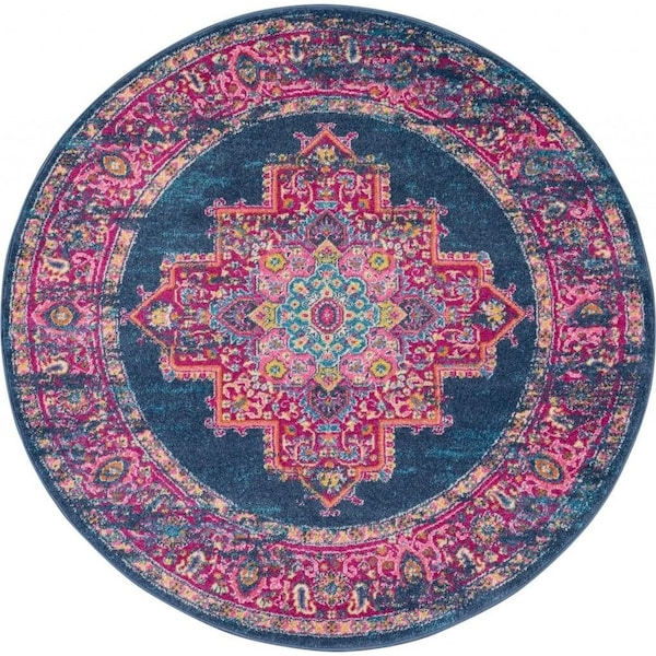 Homeroots 4 ft. Round Blue & Pink Medallion Area Rug 385253 - main